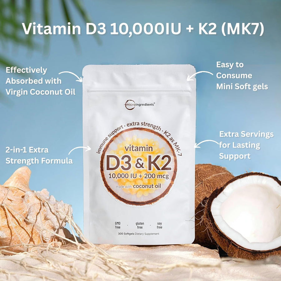 Vitamin D3 10,000 IU + K2 MK-7 200 mcg  | 300 Count