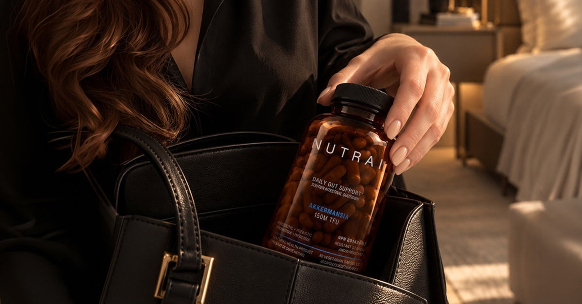 Nutrai Akkermansia bottle in a handbag